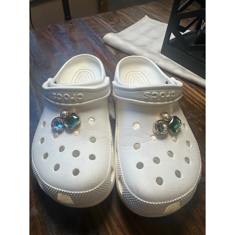 Crocs Classic Clog White Jewel Charms Mens 7 Womens 9 Emerald Crystal Pearl
